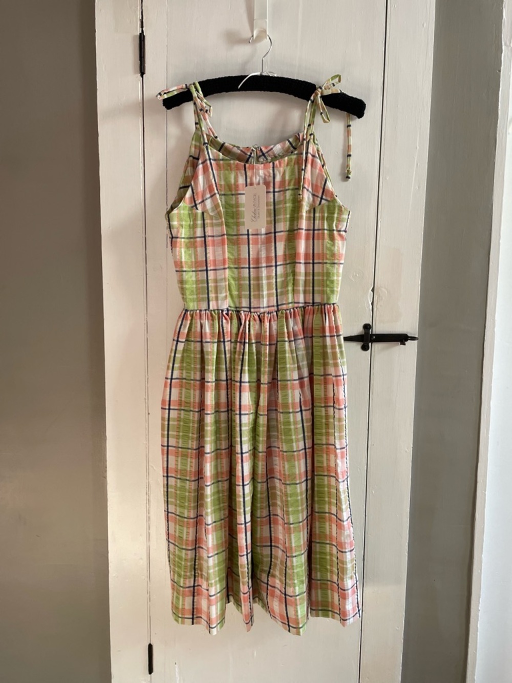 50's Style Plaid Tie-Shoulder Midi Dress in Green & Peach New With Tags